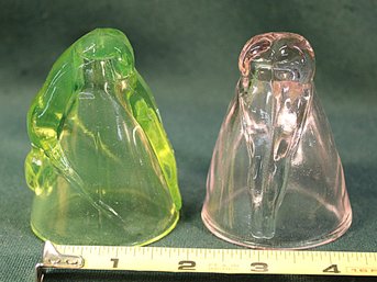 Vintage Art Deco Style 'Bottoms Up' Shot Glasses, One Green Uranium Vaseline Glass, One Pink Glass, 3'H  (169)