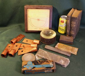 6 Large Solid Copper Connectors, Sharpening Stones, Thermometer, 2 Mechanics Books, Lens(170)