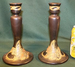 Antique  Pair Of Roseville Candlesticks, 'Rosecraft Vintage' Pattern, 1924, 8.5'H   (171)