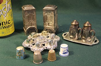 2 Pair 1934 Chicago World Fair Salt & Pepper Shakers, Tray  & Thimble Holder With 4 Thimbles(174)
