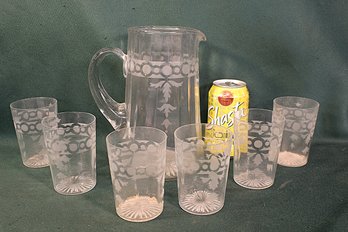 Antique Etched Clear Glass Water/Iced Tea Pitcher (8.5'H) & 6 Matching Glasses, (4'H)    (174)
