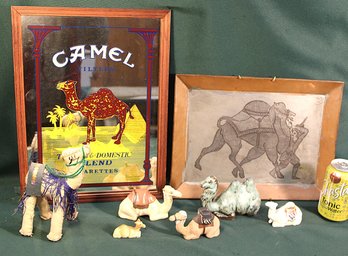 Framed Camel Cig Mirrored Ad (12x16'), Framed Engraved Copper Tray (14x10.5') & 6 Camel Figurines    (175)