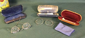 Pair Antique 12K Gold Filled Eye Glasses, Clip On Eye Gasses & 3 Eyeglass Cases  (175)