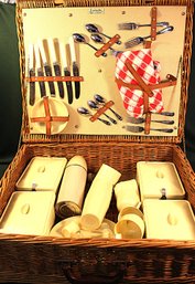 Antique Oak Coracle Picnic Basket, Set Of 6, 48 Pieces, Missing Outside Straps, 22x19x7   (17)