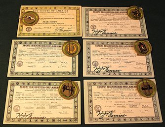 6 Boy Scout Badges W/ Certificates, 1940 & 1941   (180)