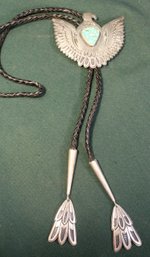 Antique  Engraved Sterling, Turquoise & Leather Thunderbird Bolo Tie, Sgnd VC, 3.32OZT(181)