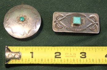 SS & Turquoise Pill Box, JC Sterling & Engraved Silver & Turquoise  Money Clip, 1.22 OZT(183)