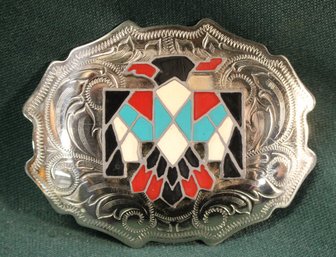 Engraved And Enameled Zuni 'thunderbird' Nickle Silver Belt Buckle(184)