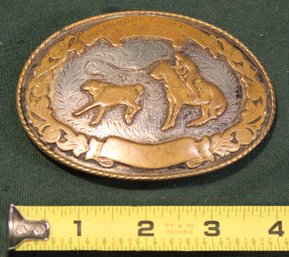 Engraved Sterling And Applied Oval Brass Belt Buckle, 1964 Ruth Rodeo 'Greenhorn Calf Tying'   (185)