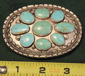 Antique Silver And Turquoise Oval Belt Buckle. Signed TB, 2.38OZT (186)