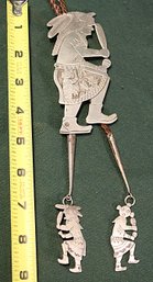 Antique Engraved Sterling & Leather Bolo Tie, Sterling Tips, Mud Head, Prayer Dancer  (187)