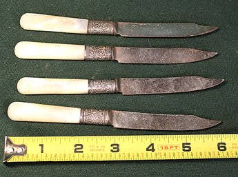 4 Small Mother Of Pearl Handled Knives, Sterling Collars,  6' Long  (189)