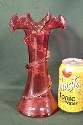 Antique Hand Blown Ruffled Edge Cranberry Glass Vase With Applied Thread , 9' H   (18)