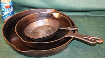 3 Cast Iron Skillets -  #12 Griswold (cracked),  #8 Wagner Ware &   6.5'd Taiwan  (269)
