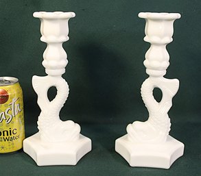 Antique Pair Westmoreland White Glass Fish Candle Holders, 9'H    (197)