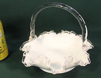 Fenton Cased Glass Silver Lace Handled, Ruffled Edge Basket, 8x6'H   (198)