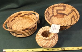 3 Woven Papago Baskets (one Pine Needle), Stains & Damage As Shown, 4',7' & 8'D   (199)