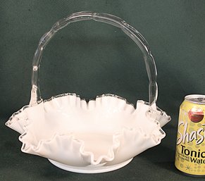 Large Antique Fenton Cased Glass Silver Lace Ruffled Edge, Handled Basket, 11x10'H  (200)