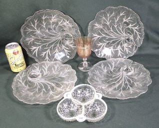 4 Indiana Glass 10' Snack Plates, Relish Dish & Carnival Glass Stem Advertising  Redding, Ca   (202)