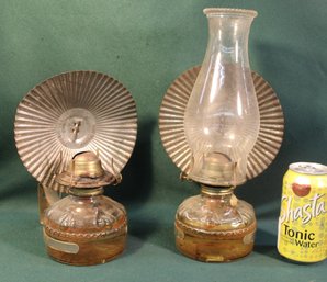 Pair Of Vintage Oil Lamps W/Tin Reflectors, One Chimney   (205)