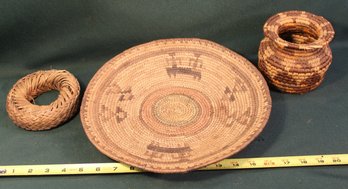 2 Vintage Woven Ethnic Baskets & Woven Round  Loop, 12'D Tray & 4'H Basket  (208)
