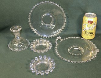 Antique 5 Pcs Candlewick - 7' Plate, 7' Handled Tray, Pair 4' Ashtrays, Single Candle Holder (208)