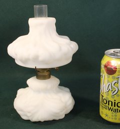 Antique All Original Beautiful White Satin Glass Miniature  Oil Lamp, 8H   (20)