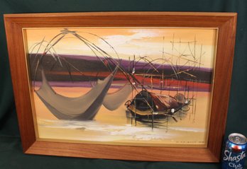 Framed Abstract Oil On Canvas By S. Sriboon, 1970, 27x19'  (212)