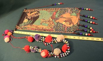 Native American Cloth Wall Hanging 8x22' & Necklace W/beads & Pompoms   (213)