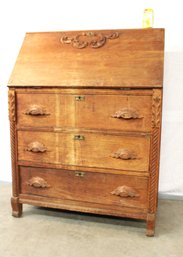 Antique Oak Secretary Desk W/Cubby Holes, Carved Handles, 34x17x44'H   (213)
