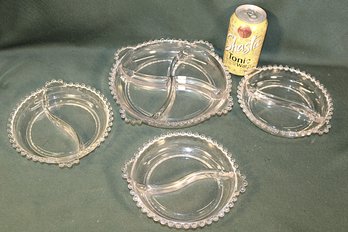 Antique 4 Pcs. Candlewick - 4 Part 8'D Relish Dish, 3 Divided 6'H Dishes  (213)