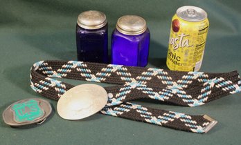 Pr. Cobalt Salt & Pepper Shakers, 2 Belt Buckles (Chambers Nevada Silver & Forest Service)   (214)