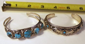 2 Native American Sterling & Turquoise Bracelets, Artist Signed RB & BJ, 1.63 OZT   (215)