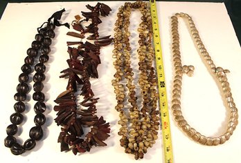 Antique 4 Ethnic Necklaces -  Shells, Seeds, Wood, Iridized, Double Strand   (216)