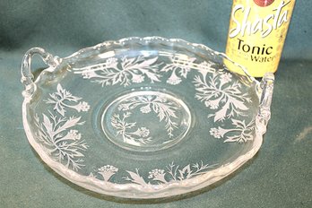 Antique Etched Handled Glass Dish, 9'D  (216)