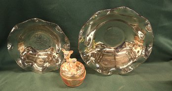 Antique 2 Janette Glass 'Louisa' Pattern Bowls, 10'D & 11.5'D & Deer Powder Jar   (217)