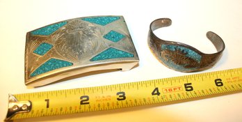 Mexican Belt Buckle W/Turquoise & Bracelet W/Turquoise  (220)