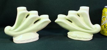 Vintage Glazed Pottery Pair 3 Light Candle Holders  (220)