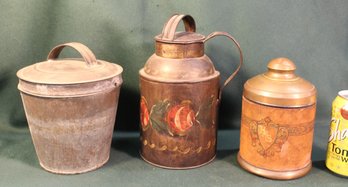 Covered Tin Cake Mold, Tole Painted Tin W/lid & Lidded Copper Humidor W/wood Liner   (221)