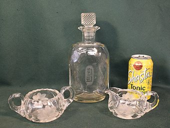 Antique Clear Cut Glass Sugar & Creamer & Clear Glass Hires Root Beer Decanter, 9.5'H  (225)