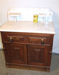 Walnut Marble Topped Commode W/Marble Backsplash & Shelves &Tear Drop Pulls, 30x17x36'H    (226)