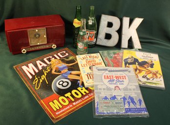 GE '50's Radio, 3 Soda Bottles, Metal  Motor Oil Sign 12x16, Football Programs, More  (229)