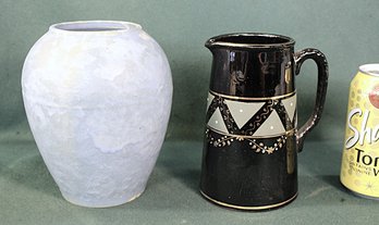Vintage Blue Pottery Vase 6.5'H & Black Glazed Pitcher, 6'H   (229)