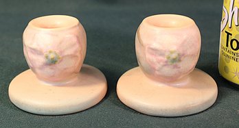 Antique Pair Weller Pottery Ceramic Candle Holders, 3x2.5H  (22)