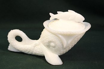 Antique Milk Glass Fish Eating Another Fish Covered Trinket Box, 8' Long, 3' High   (230)