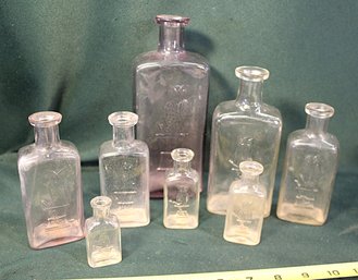 8 Pharmacy Owl Bottles - Large One Is Sun Turned Purple, 2.5-7.5'H   (233)