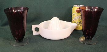 Antique Pair Amethyst Swirl Glass Goblets & Sunkist White Glass Reamer   (234)