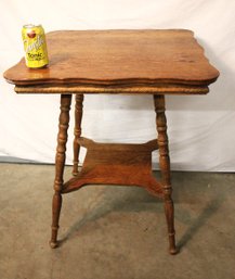 Antique American Oak Parlor Table, Shaped Top, Fancy Apron, Turned Legs, 24x24x29',  Ca.1900     (23)