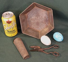 Swansdown Tin  Pan, German Nutmeg Grater, Bannard Wick Trimmer 1864, Scissors, 2 Glass Eggs   (240)
