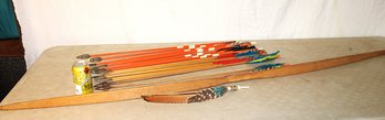 Antique 67' Long Bentwood Bow & 28- 29' Arrows (as Is) & Feather Ceremonial Piece   (242)